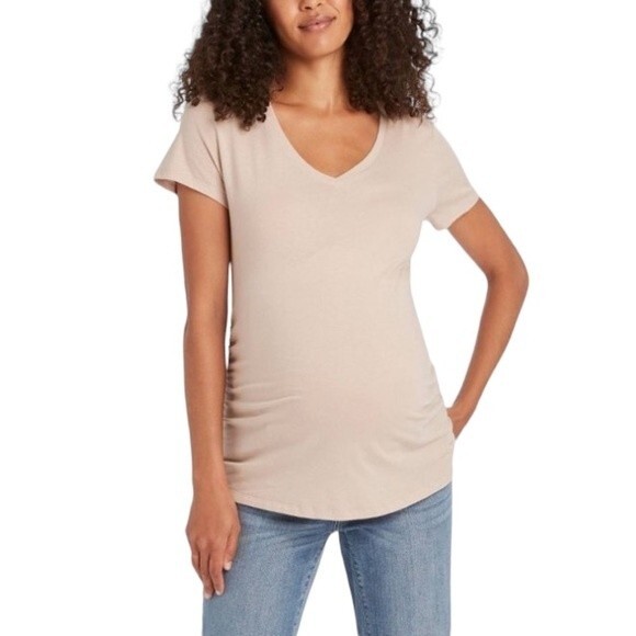 Isabel Maternity Zebra Print  Shirred V-Neck Short Sleeve Tee Top T-Shirt Beige - Picture 12 of 14